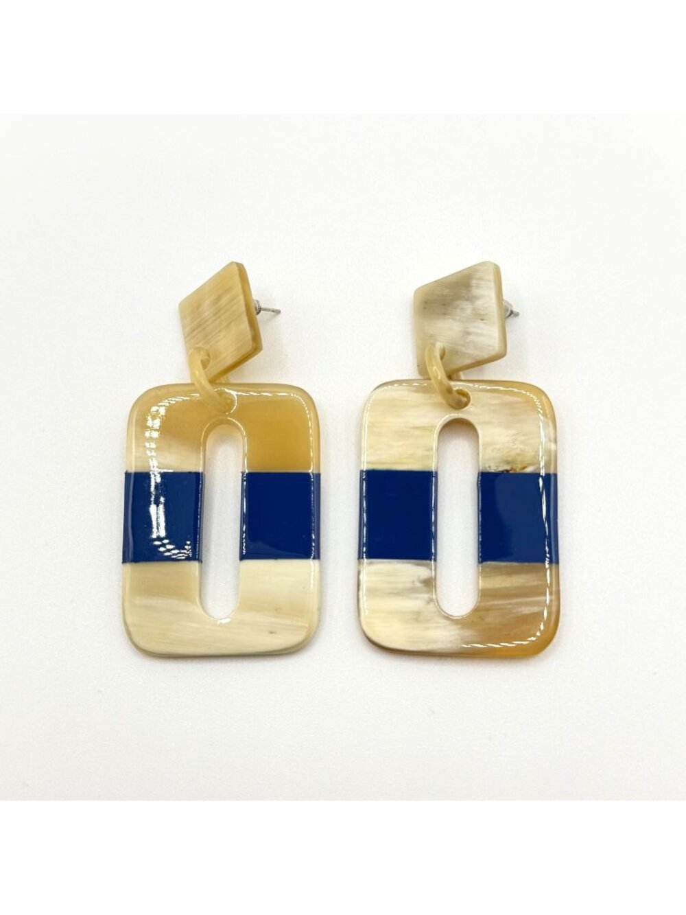 Geometric Blue & Beige Resin Dangle Earrings